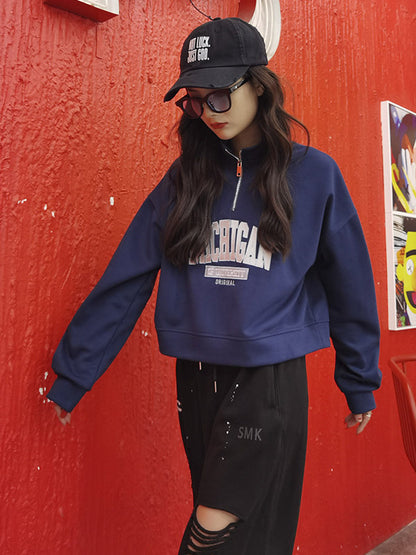 Casual Letter Printed Zipper High-Neck Long Sleeves Sweatshirts