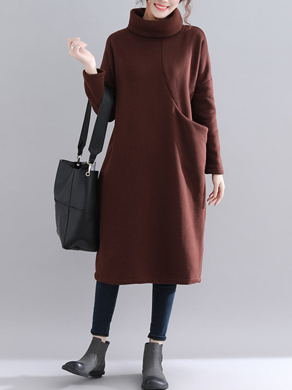 Simple Solid Color With Pocket High-Neck Long Sleeves Sweatshirt Dress