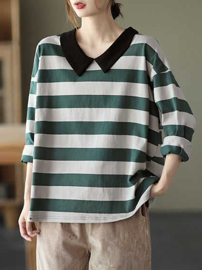 Casual Striped Contrast Color Long Sleeves Doll Collar Loose T-Shirt Tops