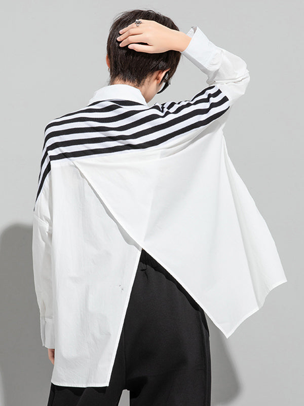Stylish Asymmetric Split-Joint Striped High-Low Irregular Clipping Split-Back Blouse