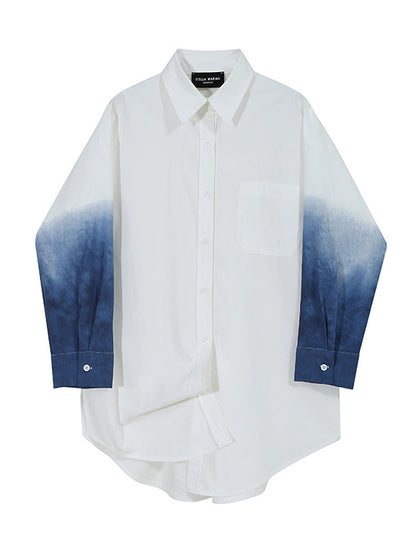 Original Loose Gradient Printed Split-Joint With Pocket Buttoned Lapel Collar Long Sleeves Blouse