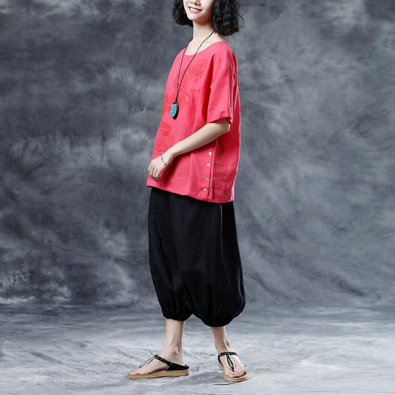 Casual Summer Short Sleeve Embroidery Red Blouse