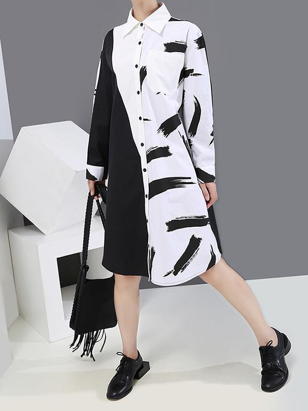 Long Split-Joint Lapel Printed Sleeve Midi Dress