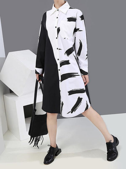 Long Split-Joint Lapel Printed Sleeve Midi Dress