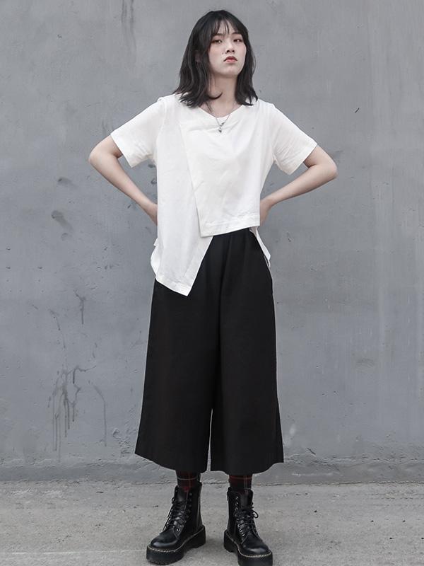 Simple Solid V-neck Asymmetric T-Shirt