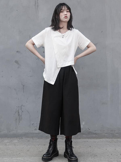 Simple Solid V-neck Asymmetric T-Shirt
