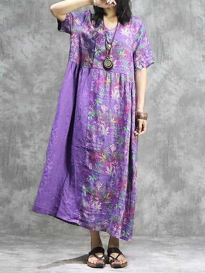 National Ramie Cotton Split-joint Long Dress