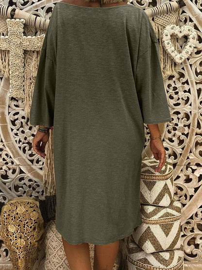Solid V-neck Loose Midi Dress
