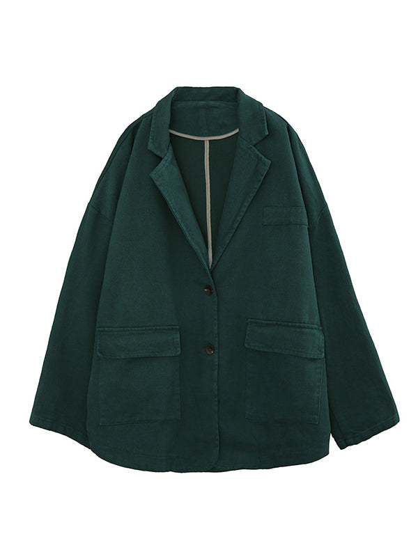 Simple Solid Color Buttoned Notched Collar Batwing Sleeve Outerwear