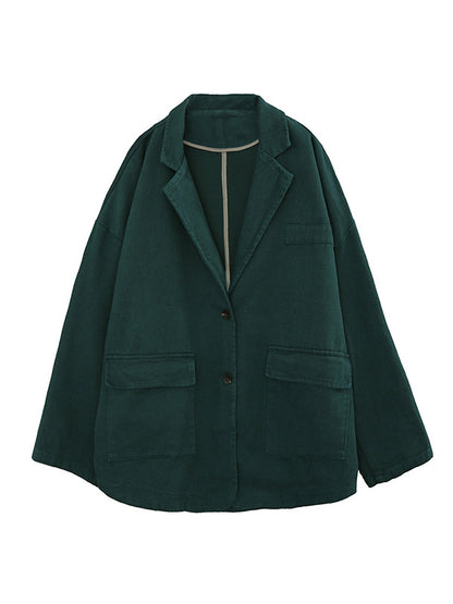 Simple Solid Color Buttoned Notched Collar Batwing Sleeve Outerwear