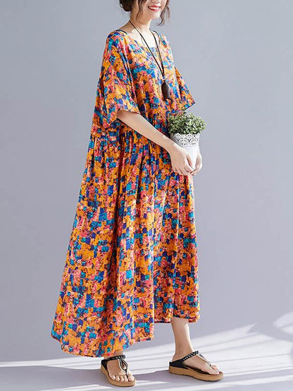 Plus Size Flower Print Round-neck Loose Long Dress