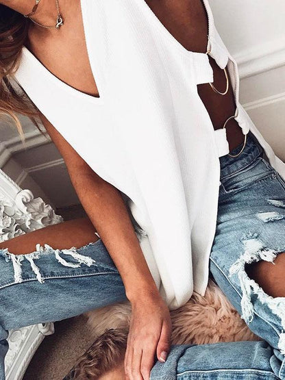 Solid Color Hollow Fashion T-shirts Tops