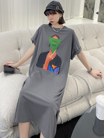 Casual Solid Color Printed Split-Side Short Sleeves H-Line Midi Dress