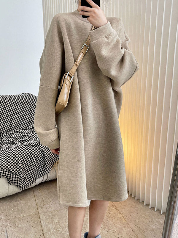 Simple Loose Solid Color Split-Joint Round-Neck Long Sleeves Midi Dress