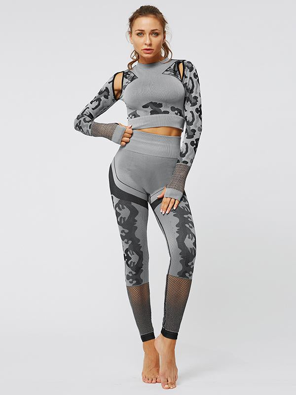 Leopard Print Long Sleeve Gym Sport Hoodie And Leggings Suit