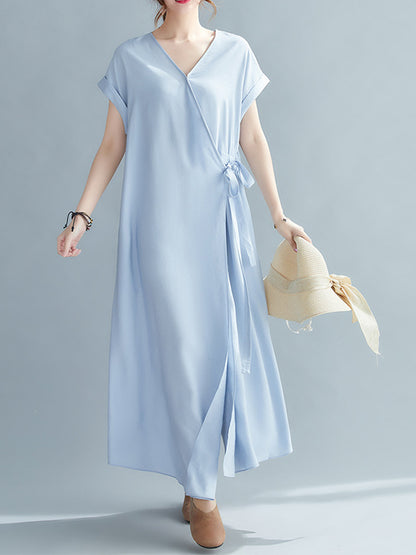 Casual Loose Solid Color Tied V-Neck Short Raglan Sleeves Maxi Dress