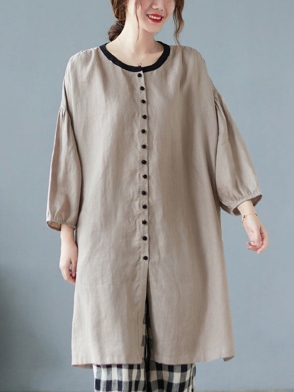 Causal Ramie Cotton Buttoned Round-Neck Long Sleeves Loose Midi Dress
