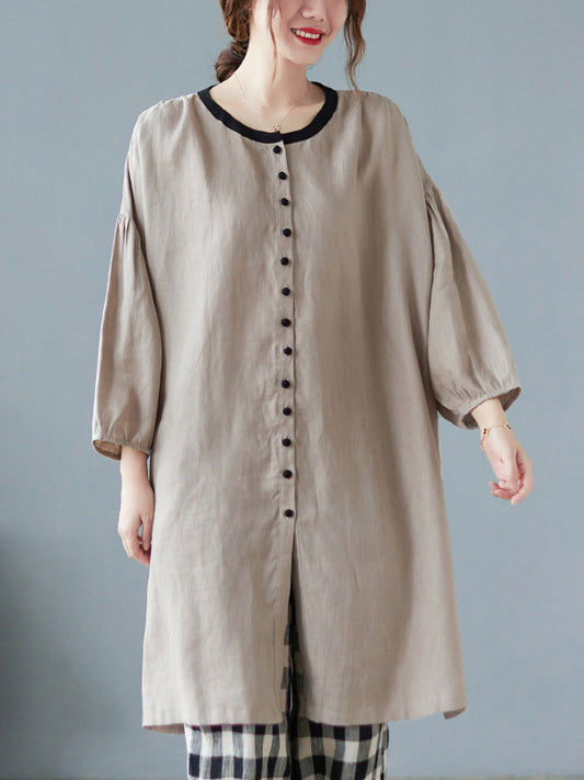 Causal Ramie Cotton Buttoned Round-Neck Long Sleeves Loose Midi Dress