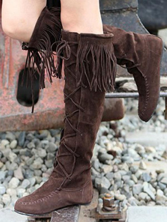 National Style Tasseled Bandage Low-heel Boots Shoes