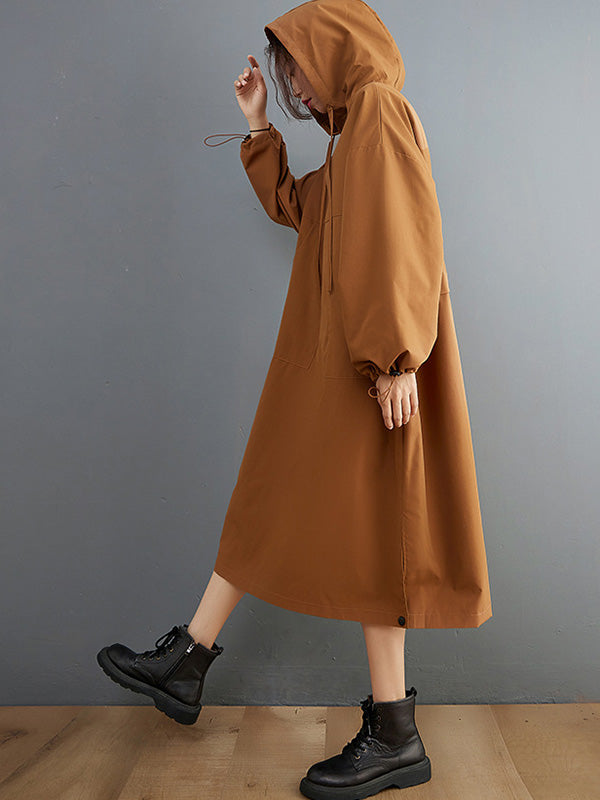 Casual Split-Side Solid Color Hooded Drawstring Long Sleeves Midi Dress