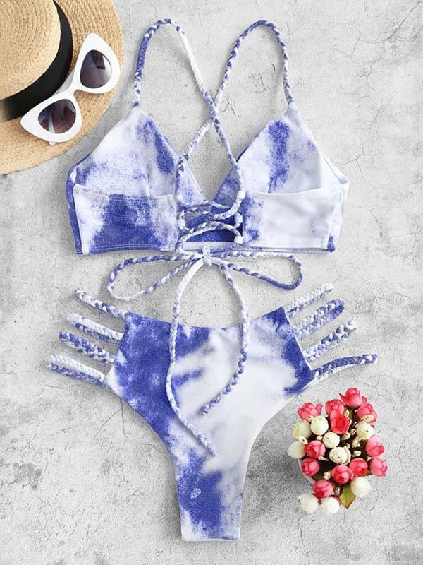 Tie-Dyed Bandage Backless Split Bikini Swimsuit