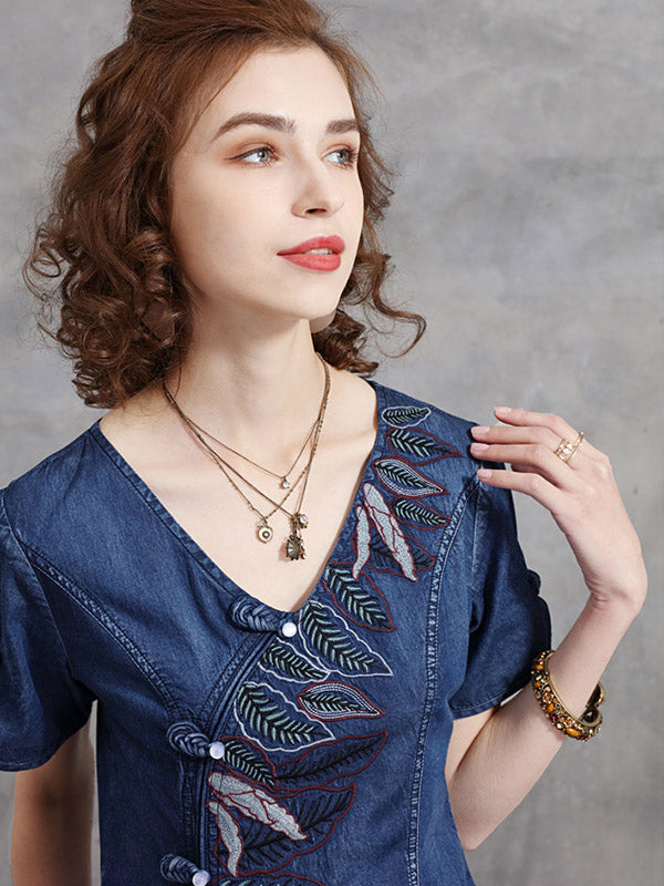 Original Asymmetric Embroidered Loose Short Sleeves Midi Dress