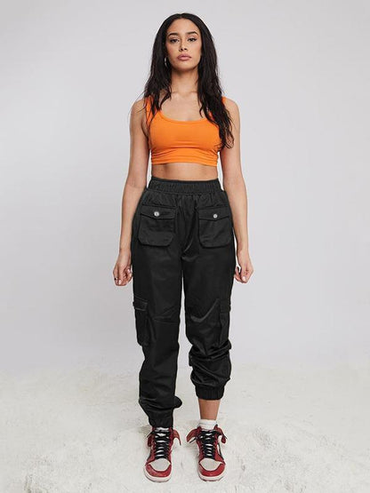 Solid Elastic Ankle Tied Cargo Pants