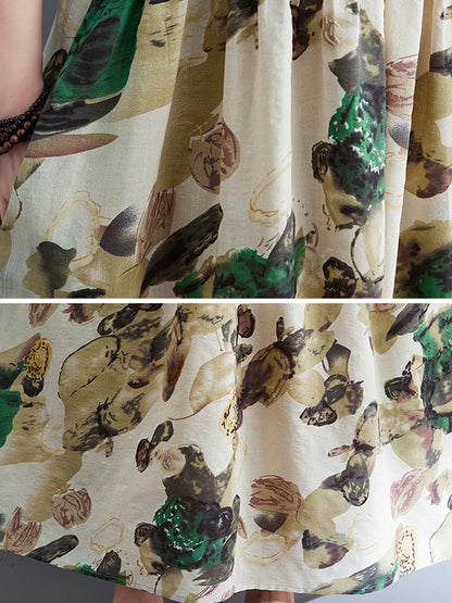 Original Artistic Retro Loose Pleated Floral Printed Midi Dress
