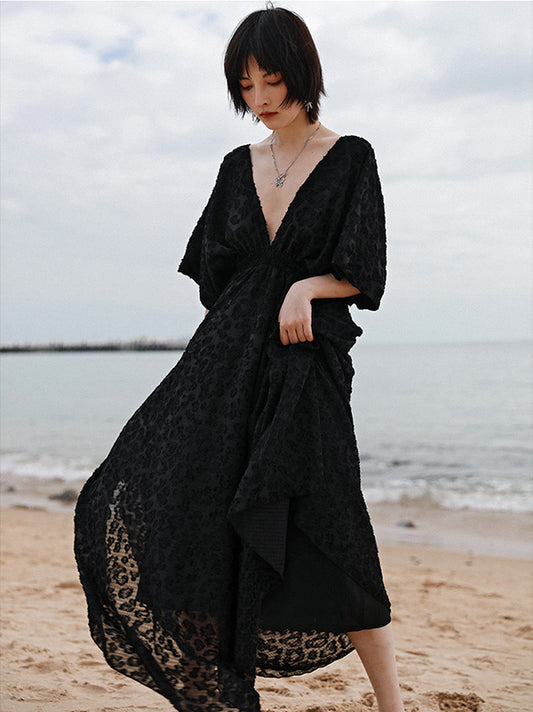 Stylish Solid Color Hollow Embroidered Mesh Backless Split-Side V-Neck Half Sleeves Maxi Dress