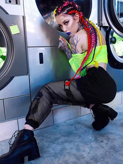 Mesh Hollow Printed Track Pants