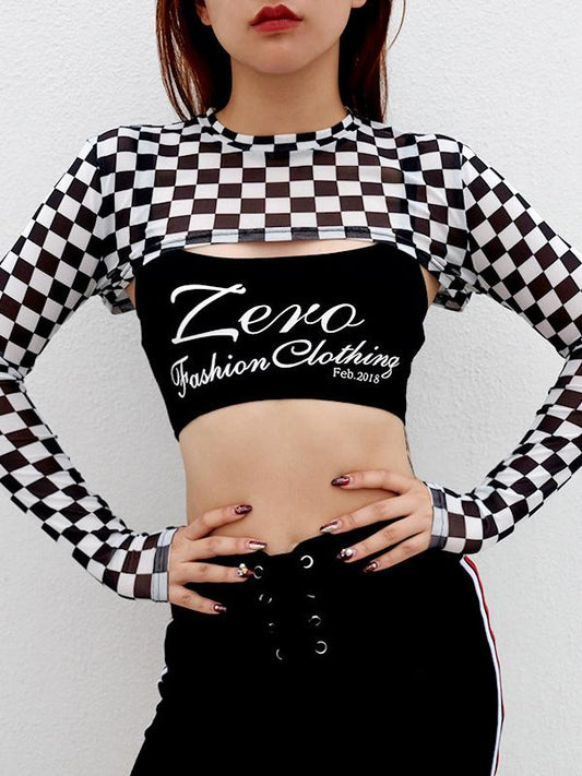 Grid Printed Long Sleeve Cropped Tees