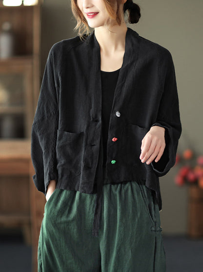 Casual V-Neck Linen Batwing Sleeves Outerwear