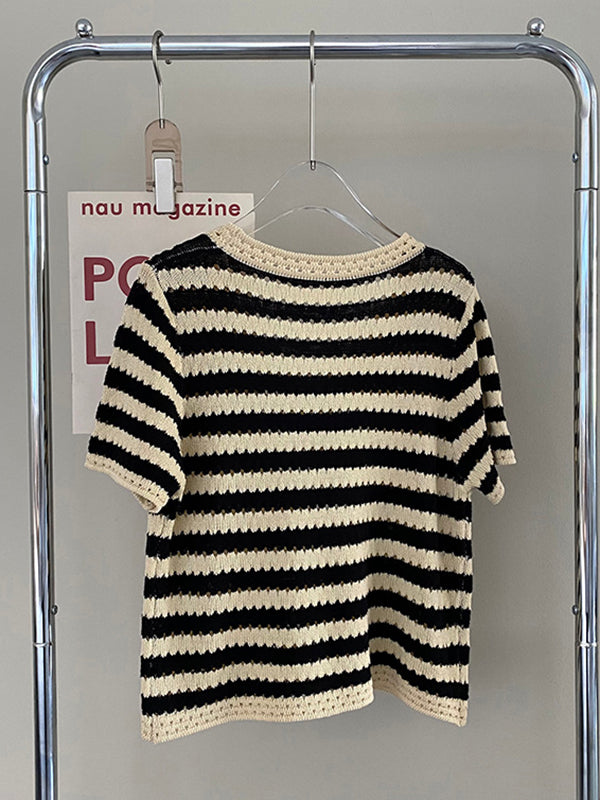 Simple Black White Contrast Color Striped Knitting T-Shirt