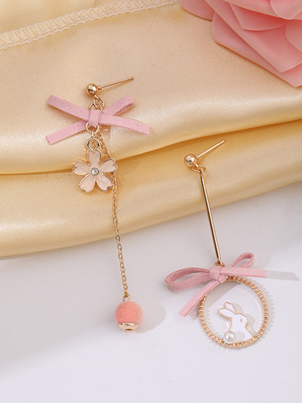 Cute Flower Rabbit Shape Bow-Embellished Asymmetric Earrings
