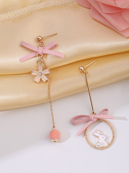 Cute Flower Rabbit Shape Bow-Embellished Asymmetric Earrings