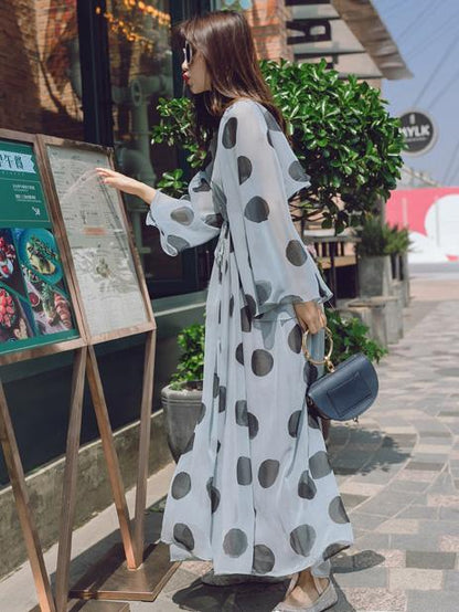Light-blue Polka-Dot Chiffon Flared Sleeves Wide Leg Jumpsuits