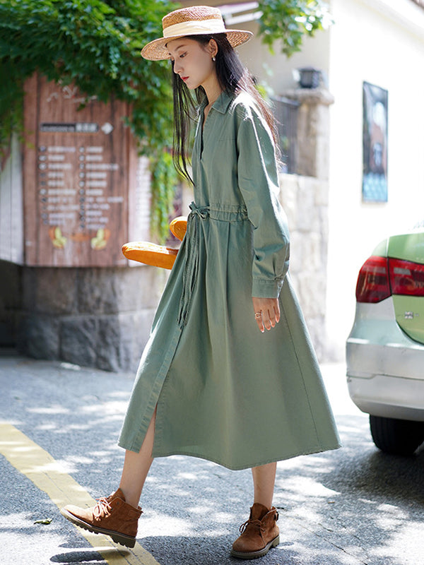 Casual Long Sleeves Loose Drawstring Tied Solid Color Lapel Collar Midi Dresses