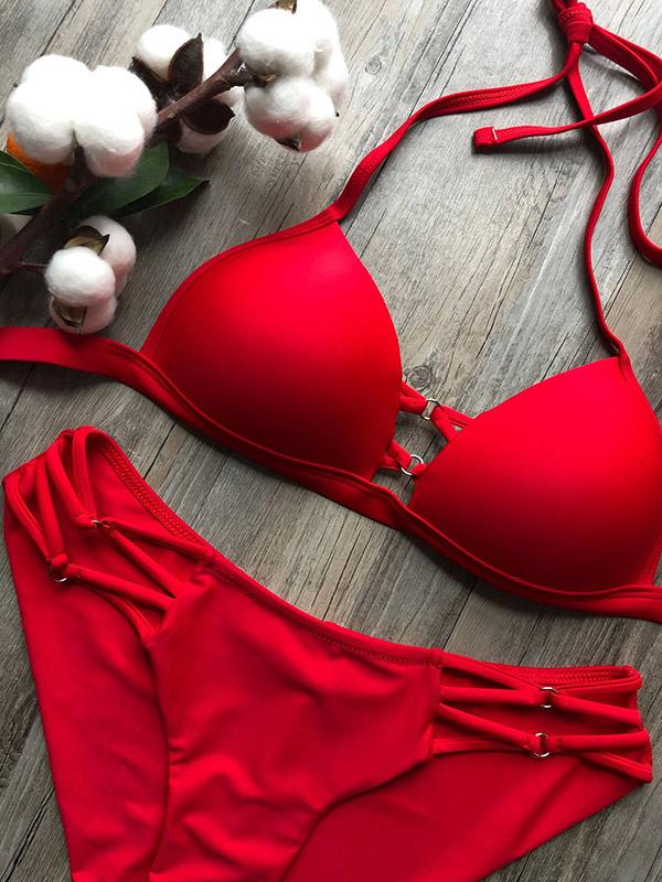 Solid Color Bandage Hollow Split Bikini Swimsuit