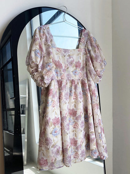 Original Floral Printed Square-Neck Puff Sleeve Mini Dress