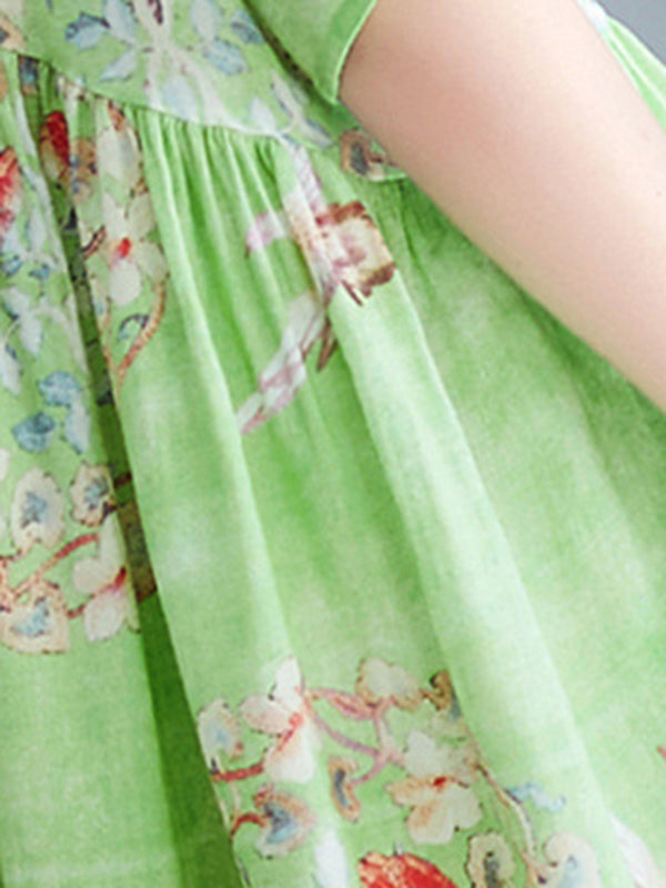 Loose Artistic Loose Floral Printed Pleated Midi Dress