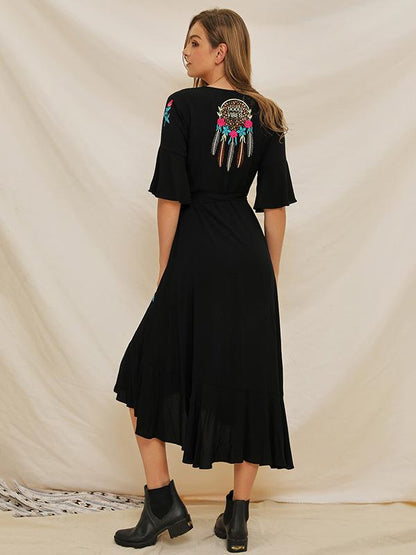 Embroidered V-neck Lace-up Dress
