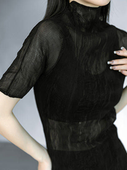 Original Solid Color High-Neck Long Sleeve See-Through T-Shirts Tops