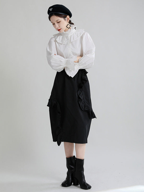 Stylish Solid Color Falbala Buttoned Pleated Stand Collar Long Puff Sleeves High-Waist Blouse