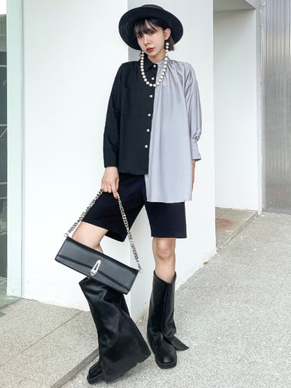 Irregular Casual Solid Color Pleated Buttoned Lapel Collar Long Sleeves Blouse