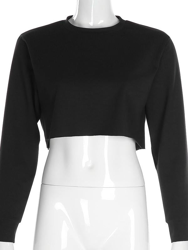 Solid Bare Midriff Round-neck Sweatshirt