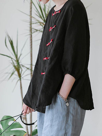 Casual Retro Linen Frog Blouses