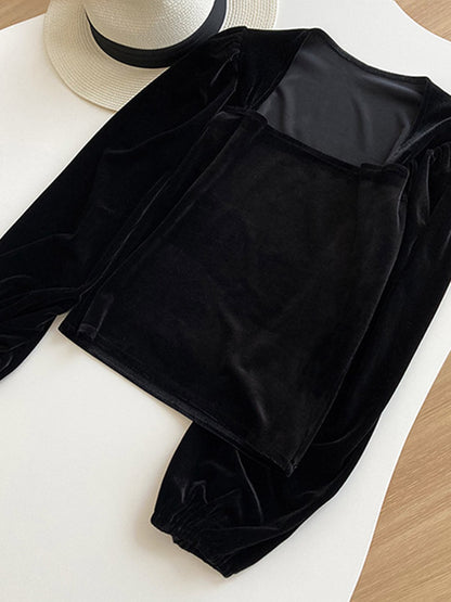 Urban Pleuche Solid Color Pleated Square-Neck Bishop Sleeves T-Shirt