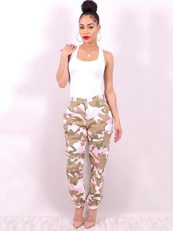 Plus Size Pink Camouflage Printed Track Pants