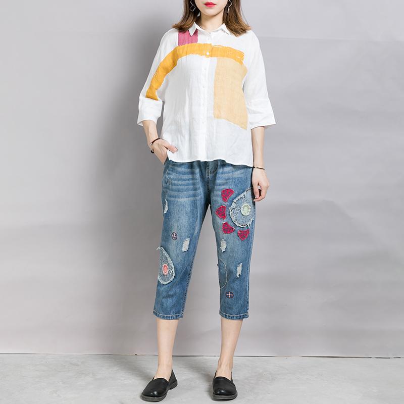 Casual Appliques Frayed Light Blue Jeans