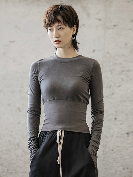 Simple Solid Color Long Sleeves Round-Neck T-Shirt Tops